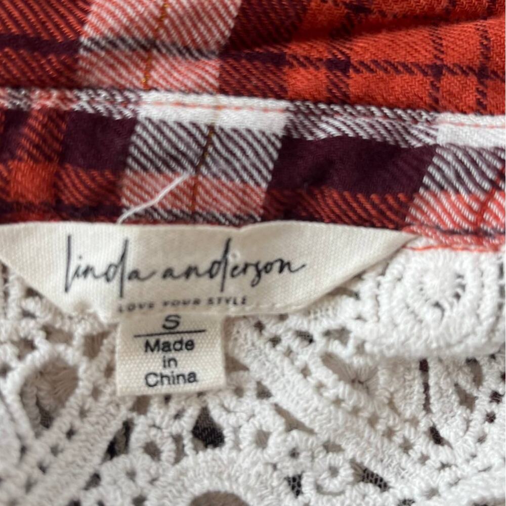 Linda Anderson Crochet Back Plaid Womens Shirt Sz S Boho Western Indie Grunge - Picture 10 of 15